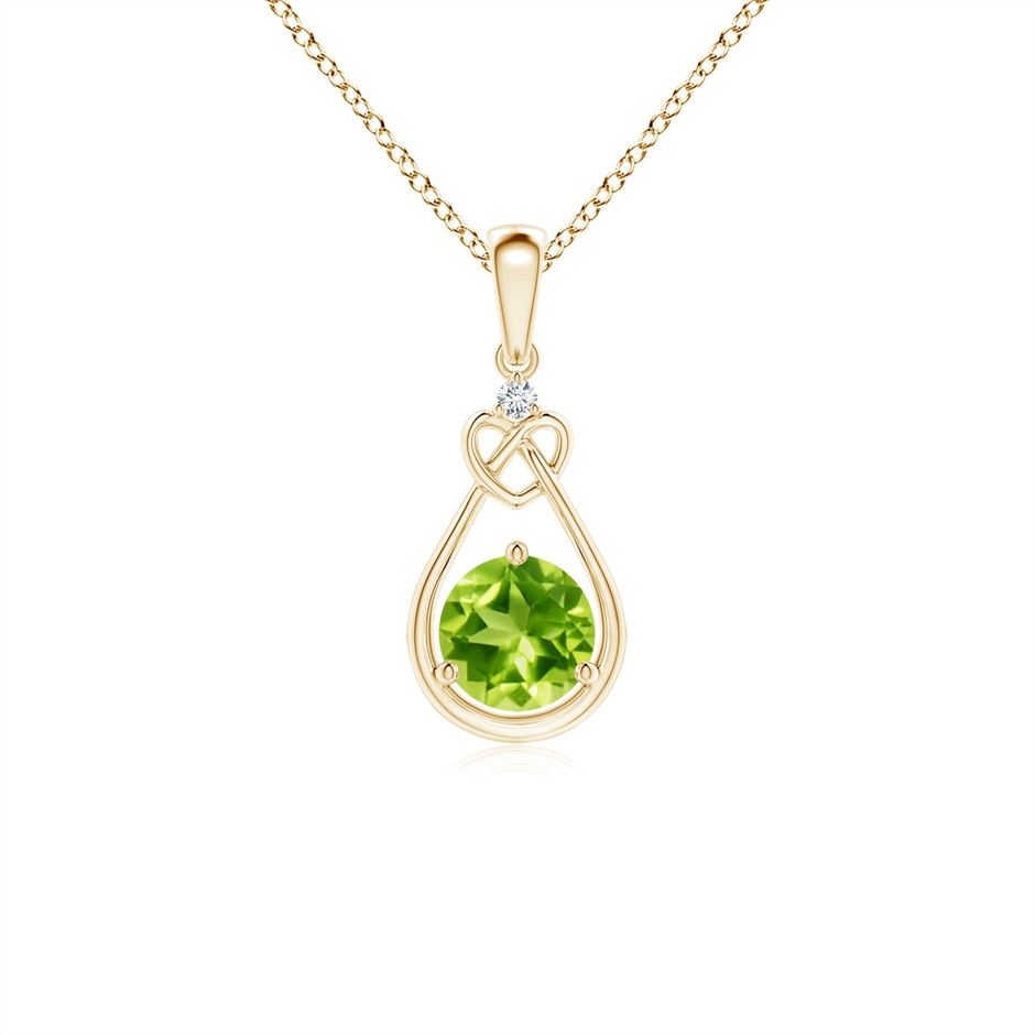 5mm AAA Peridot Knotted Heart Pendant with Diamond in Yellow Gold 
