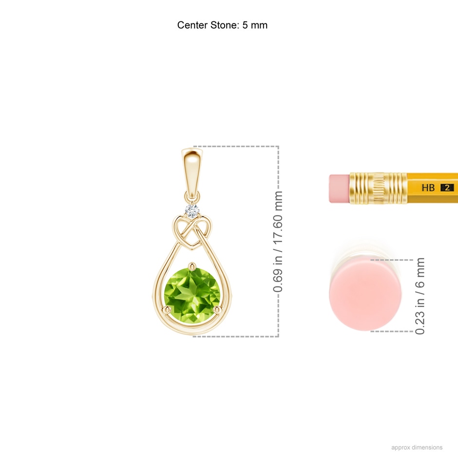 5mm AAA Peridot Knotted Heart Pendant with Diamond in Yellow Gold ruler