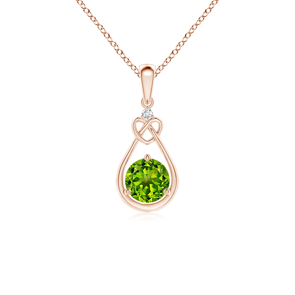 5mm AAAA Peridot Knotted Heart Pendant with Diamond in Rose Gold