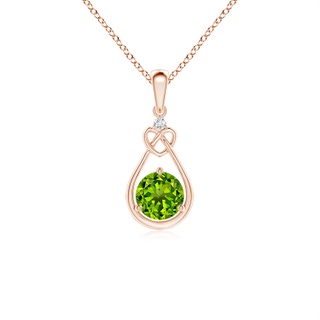 5mm AAAA Peridot Knotted Heart Pendant with Diamond in Rose Gold