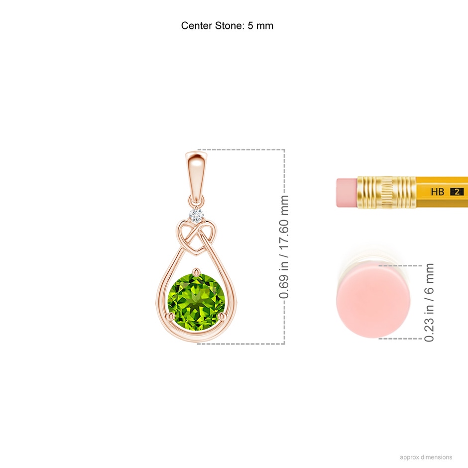 5mm AAAA Peridot Knotted Heart Pendant with Diamond in Rose Gold ruler