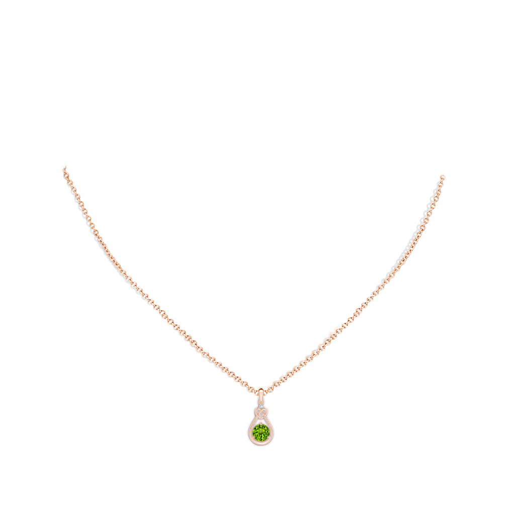 5mm AAAA Peridot Knotted Heart Pendant with Diamond in Rose Gold Body-Neck