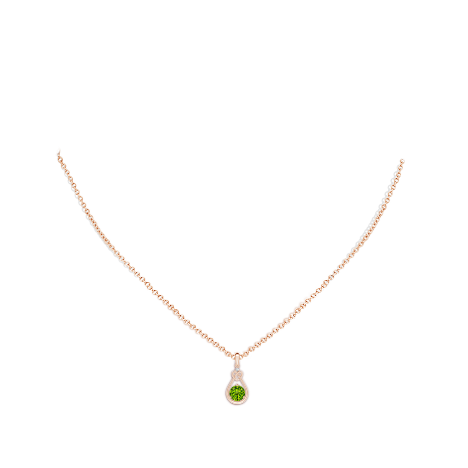 5mm AAAA Peridot Knotted Heart Pendant with Diamond in Rose Gold body-neck