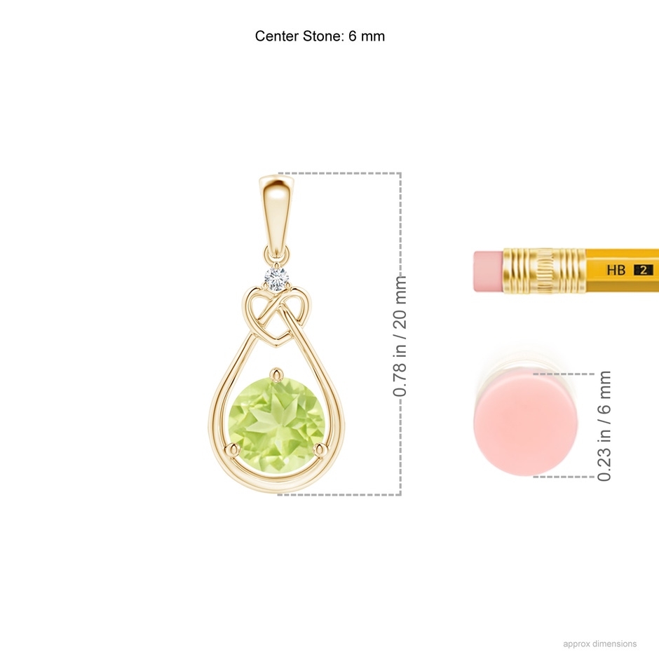 6mm A Peridot Knotted Heart Pendant with Diamond in Yellow Gold ruler