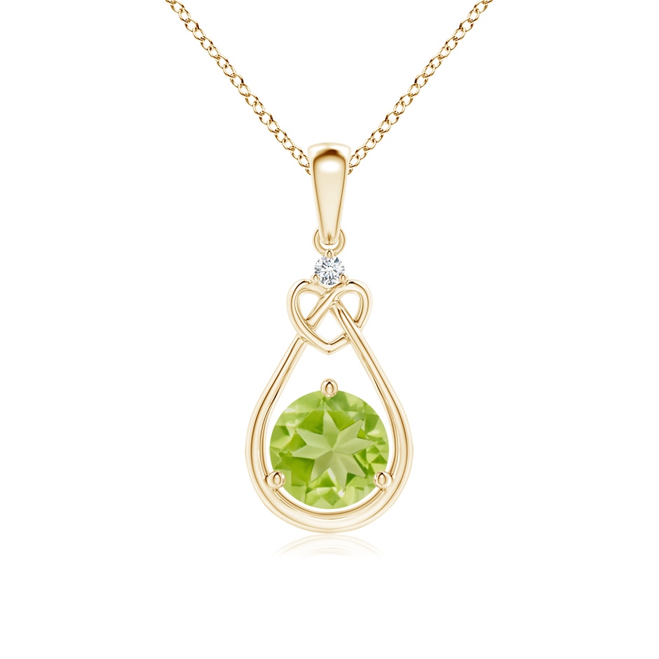 6mm AA Peridot Knotted Heart Pendant with Diamond in Yellow Gold 