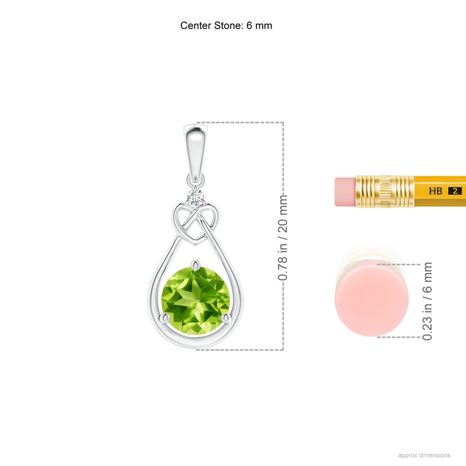 6mm AAA Peridot Knotted Heart Pendant with Diamond in White Gold ruler