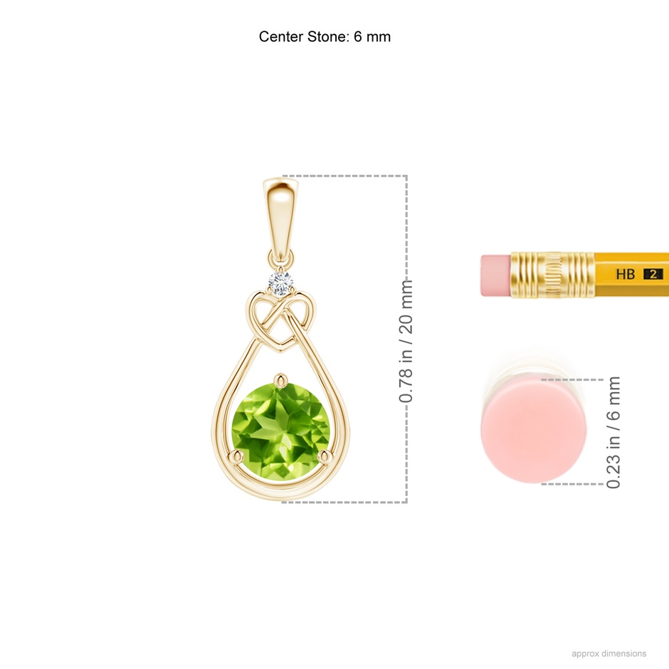 6mm AAA Peridot Knotted Heart Pendant with Diamond in Yellow Gold ruler