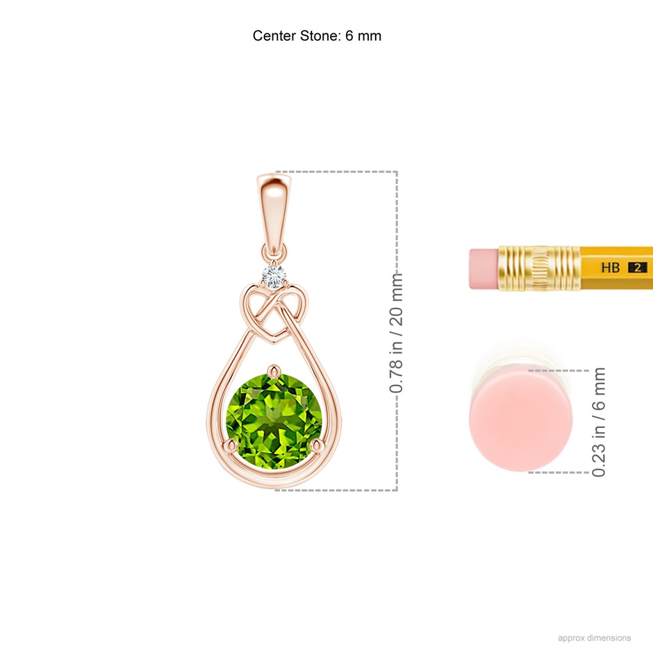 6mm AAAA Peridot Knotted Heart Pendant with Diamond in Rose Gold ruler