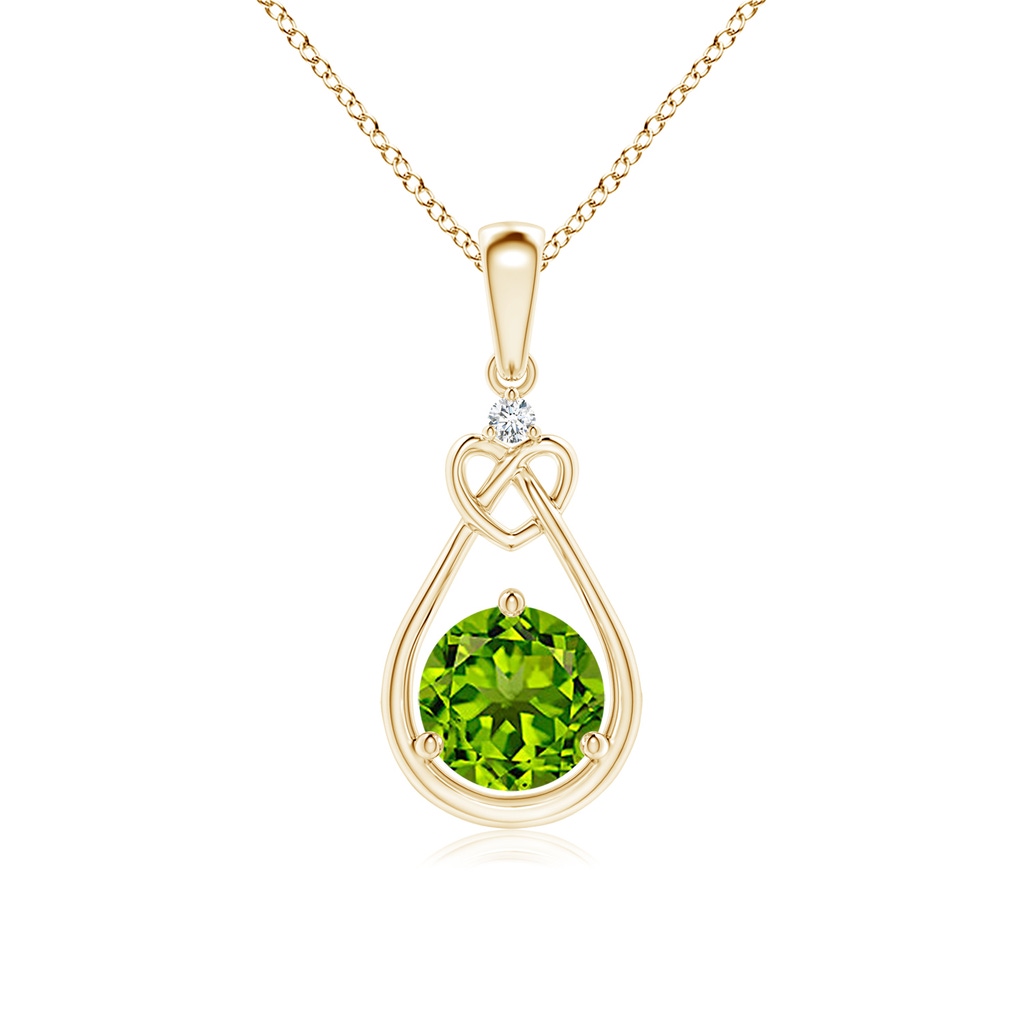 6mm AAAA Peridot Knotted Heart Pendant with Diamond in Yellow Gold 