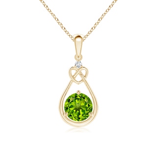6mm AAAA Peridot Knotted Heart Pendant with Diamond in Yellow Gold