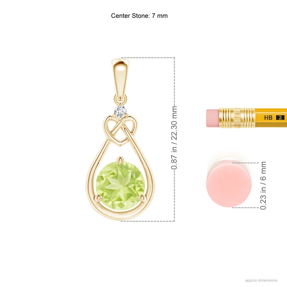 7mm A Peridot Knotted Heart Pendant with Diamond in Yellow Gold ruler