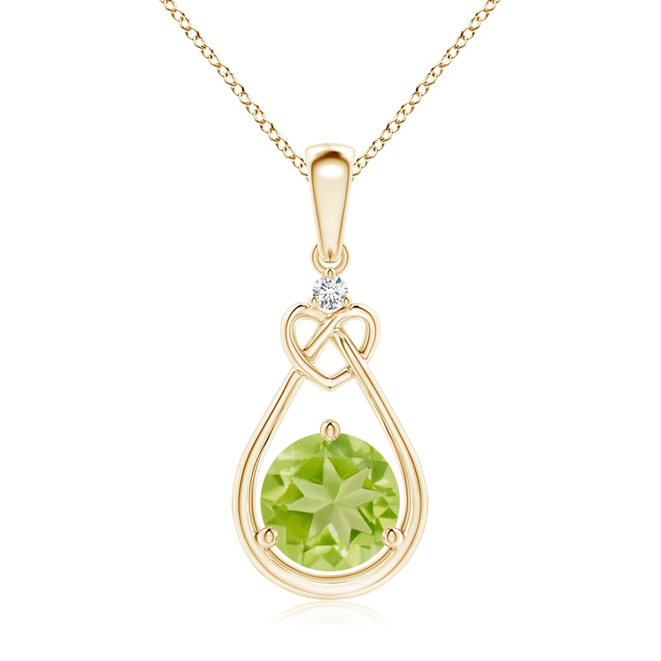 7mm AA Peridot Knotted Heart Pendant with Diamond in Yellow Gold 