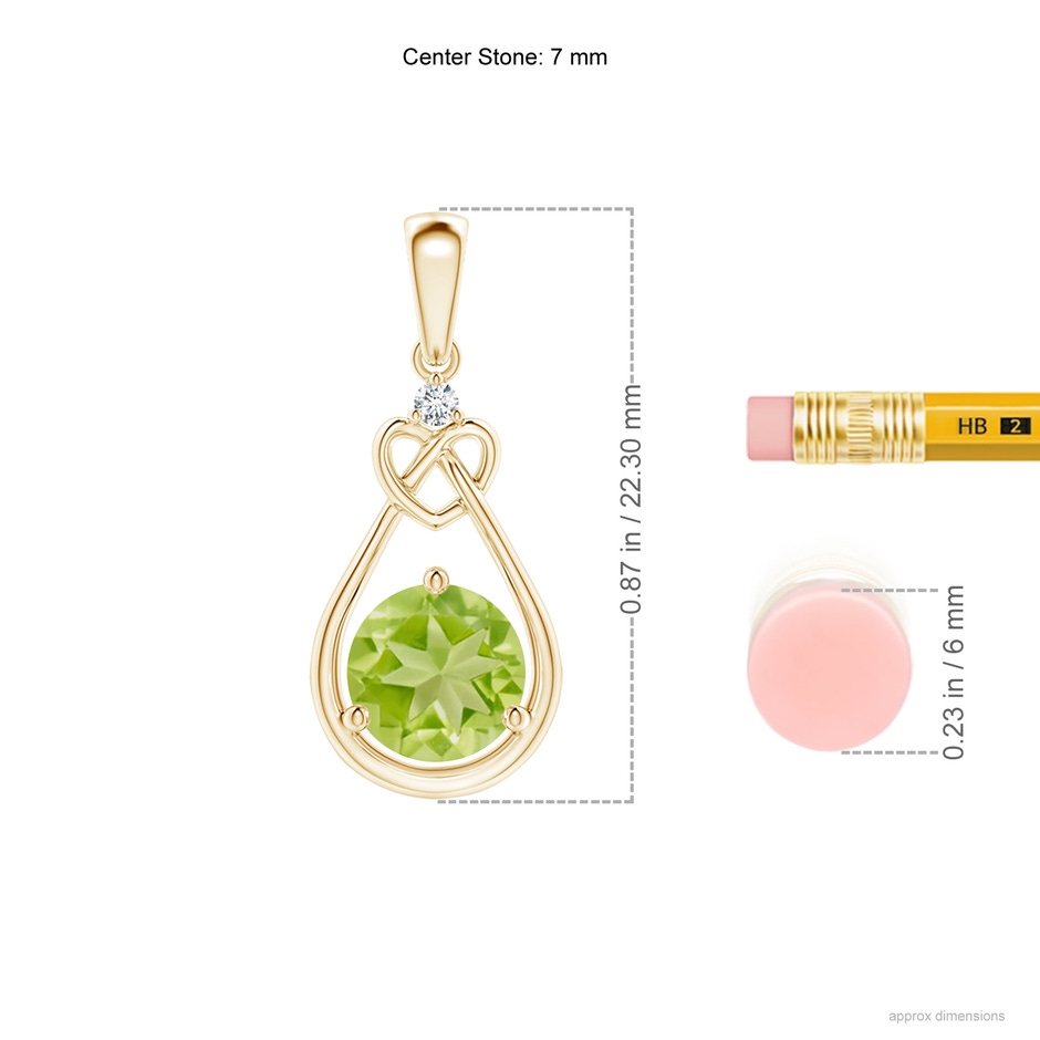 7mm AA Peridot Knotted Heart Pendant with Diamond in Yellow Gold ruler