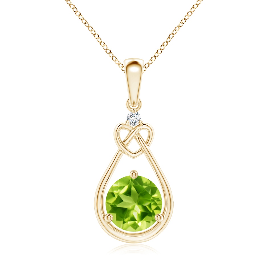 7mm AAA Peridot Knotted Heart Pendant with Diamond in Yellow Gold 