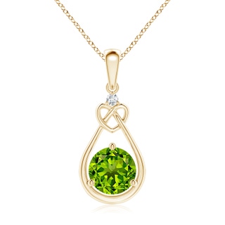7mm AAAA Peridot Knotted Heart Pendant with Diamond in Yellow Gold