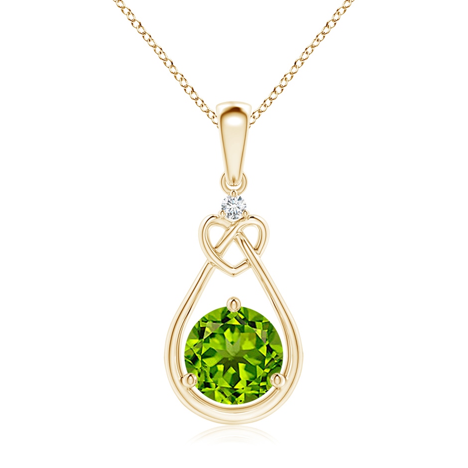 7mm AAAA Peridot Knotted Heart Pendant with Diamond in Yellow Gold 