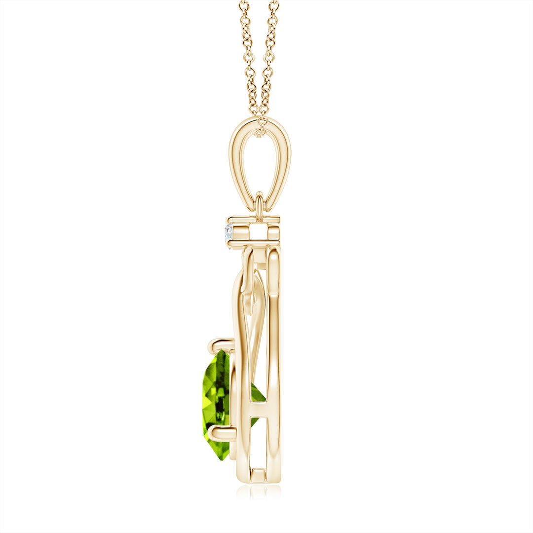 7mm AAAA Peridot Knotted Heart Pendant with Diamond in Yellow Gold - side 2