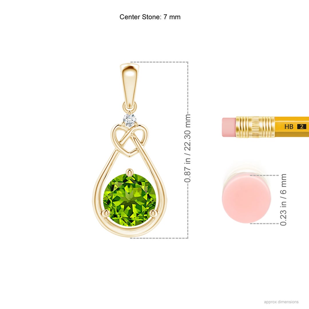 7mm AAAA Peridot Knotted Heart Pendant with Diamond in Yellow Gold - ruler