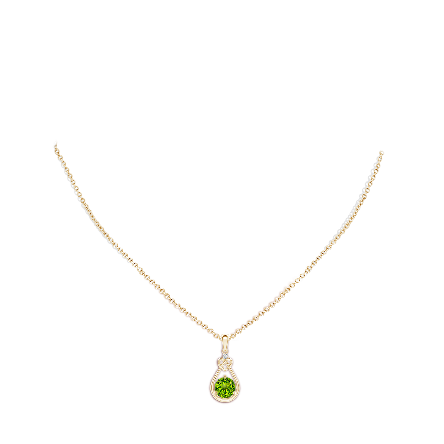 7mm AAAA Peridot Knotted Heart Pendant with Diamond in Yellow Gold - body_neck