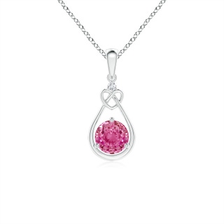 5mm AAA Pink Sapphire Knotted Heart Pendant with Diamond in 9K White Gold