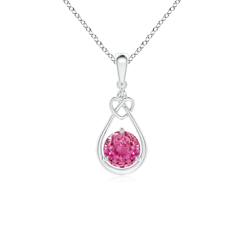 5mm AAA Pink Sapphire Knotted Heart Pendant with Diamond in White Gold 