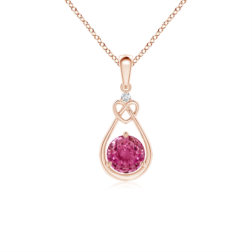 5mm AAAA Pink Sapphire Knotted Heart Pendant with Diamond in Rose Gold