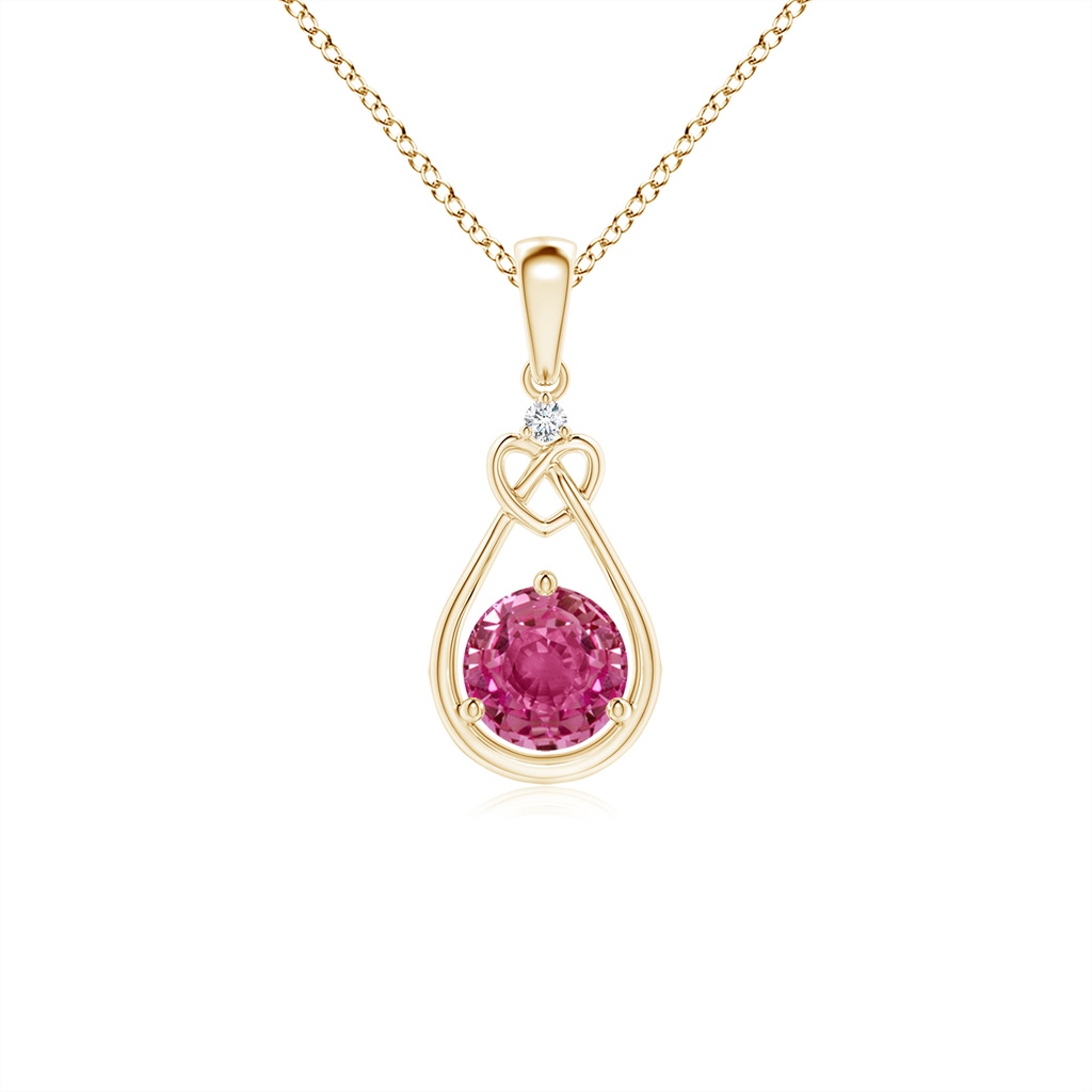 5mm AAAA Pink Sapphire Knotted Heart Pendant with Diamond in Yellow Gold