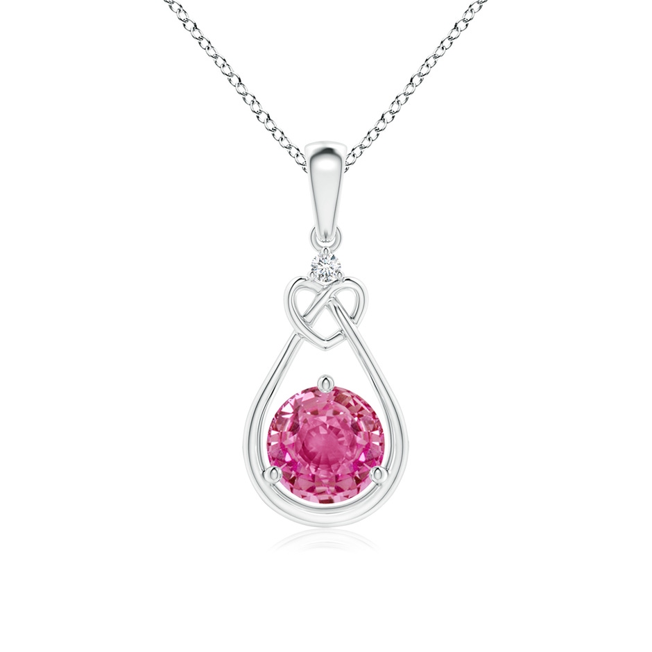 6mm AAA Pink Sapphire Knotted Heart Pendant with Diamond in White Gold 