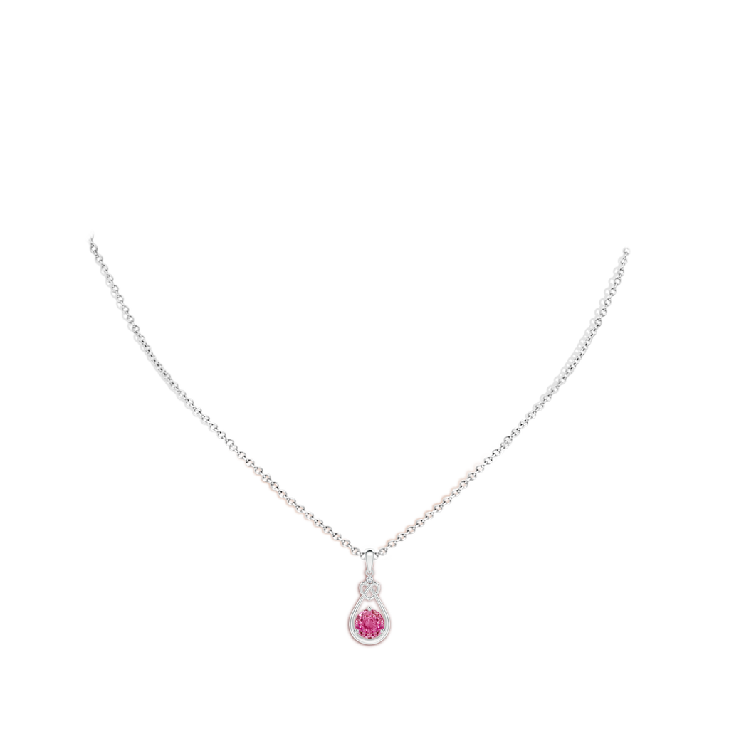 6mm AAA Pink Sapphire Knotted Heart Pendant with Diamond in White Gold Body-Neck