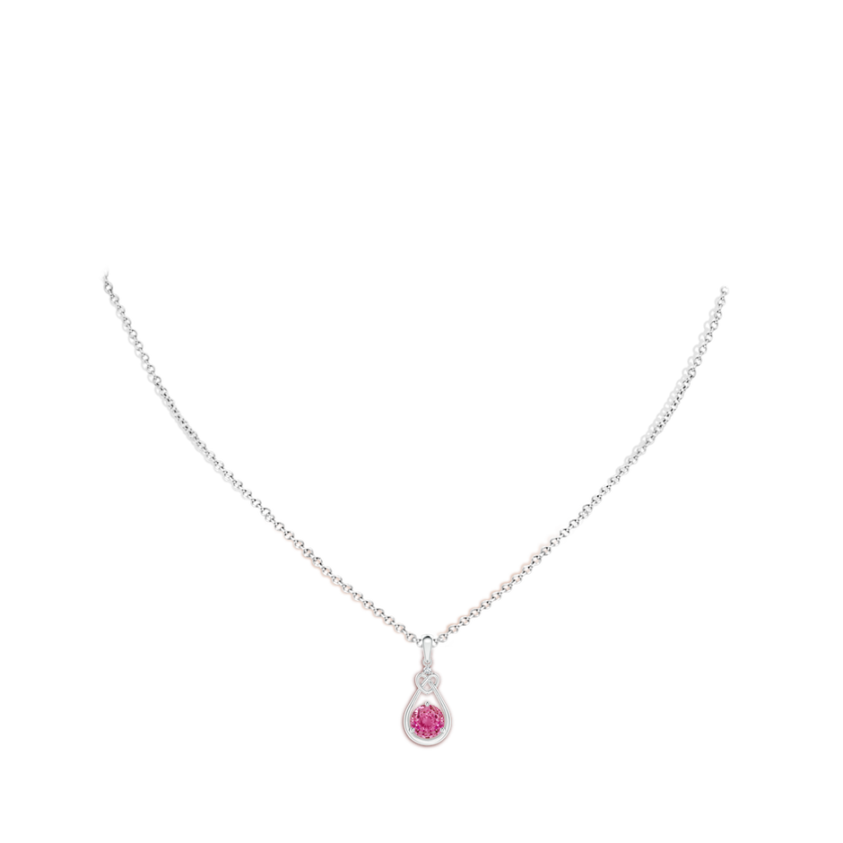 6mm AAA Pink Sapphire Knotted Heart Pendant with Diamond in White Gold body-neck