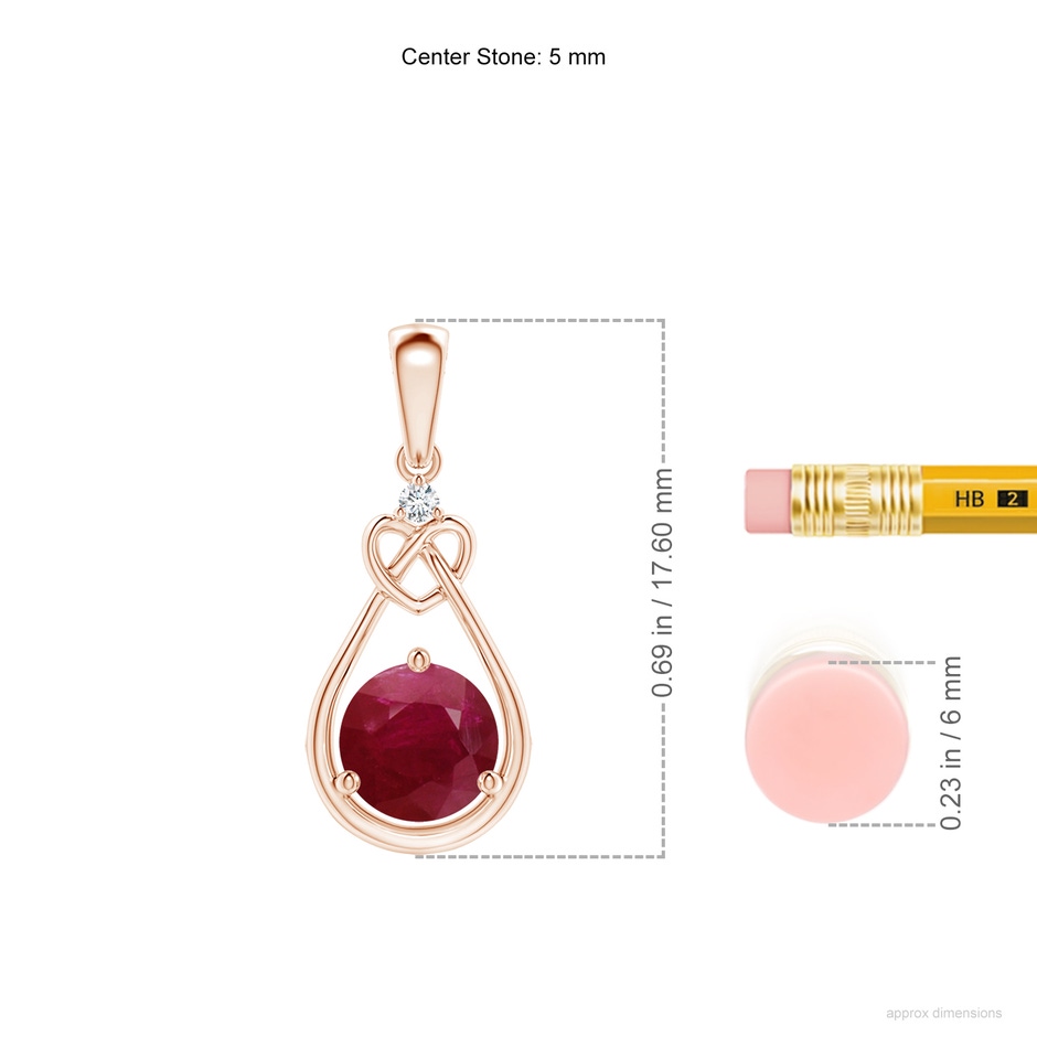 5mm A Ruby Knotted Heart Pendant with Diamond in Rose Gold ruler