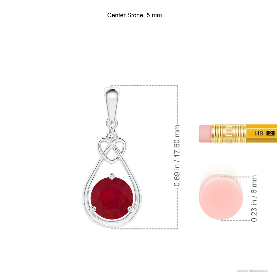5mm AA Ruby Knotted Heart Pendant with Diamond in White Gold ruler