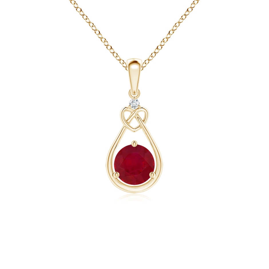 5mm AA Ruby Knotted Heart Pendant with Diamond in Yellow Gold 