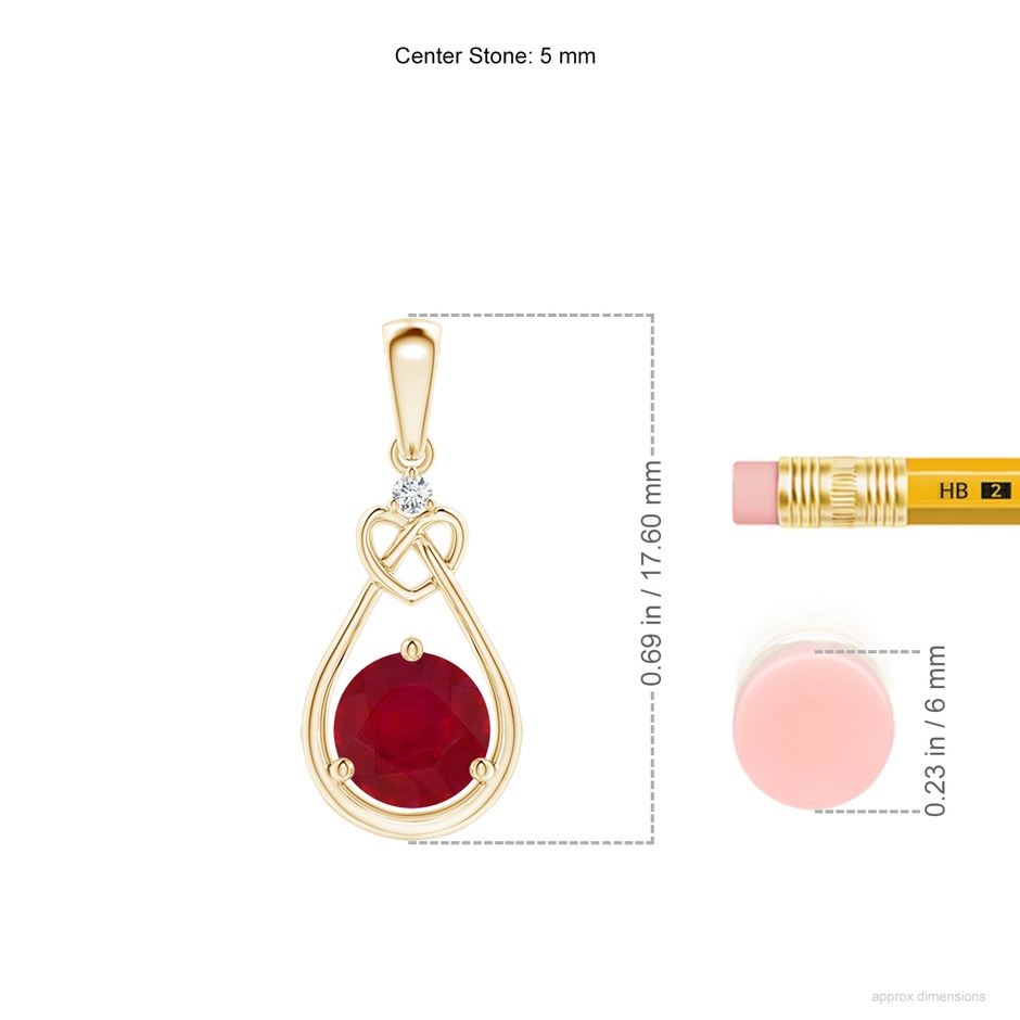 5mm AA Ruby Knotted Heart Pendant with Diamond in Yellow Gold ruler