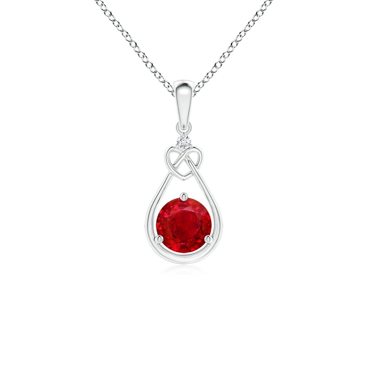 5mm AAA Ruby Knotted Heart Pendant with Diamond in 18K White Gold