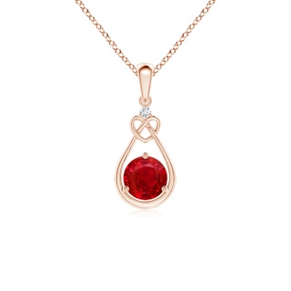 5mm AAA Ruby Knotted Heart Pendant with Diamond in Rose Gold