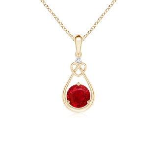 5mm AAA Ruby Knotted Heart Pendant with Diamond in Yellow Gold