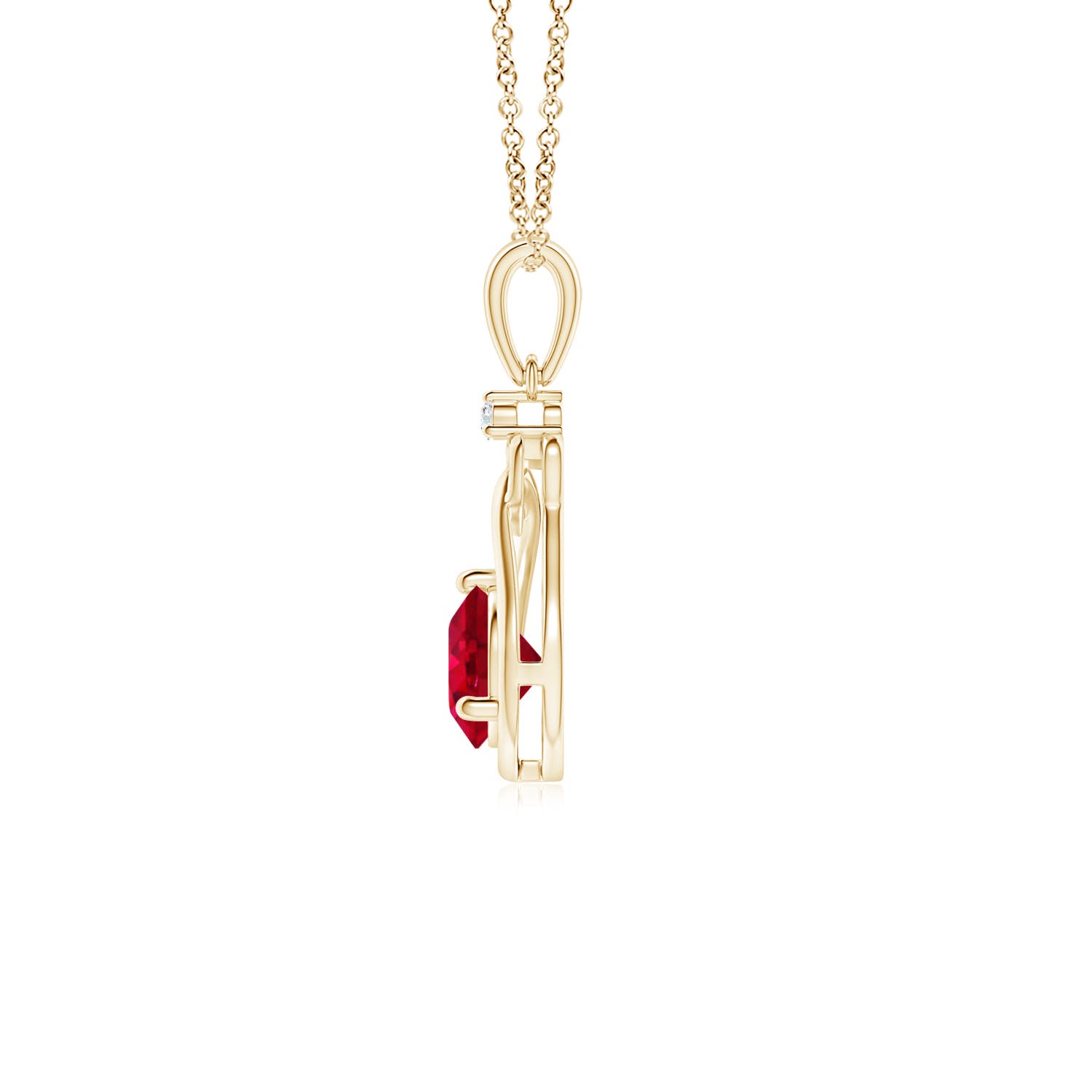 5mm AAA Ruby Knotted Heart Pendant with Diamond in Yellow Gold