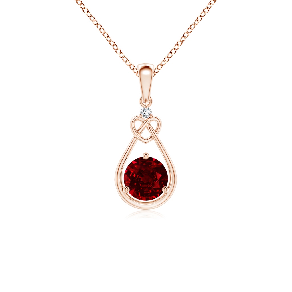 5mm AAAA Ruby Knotted Heart Pendant with Diamond in Rose Gold