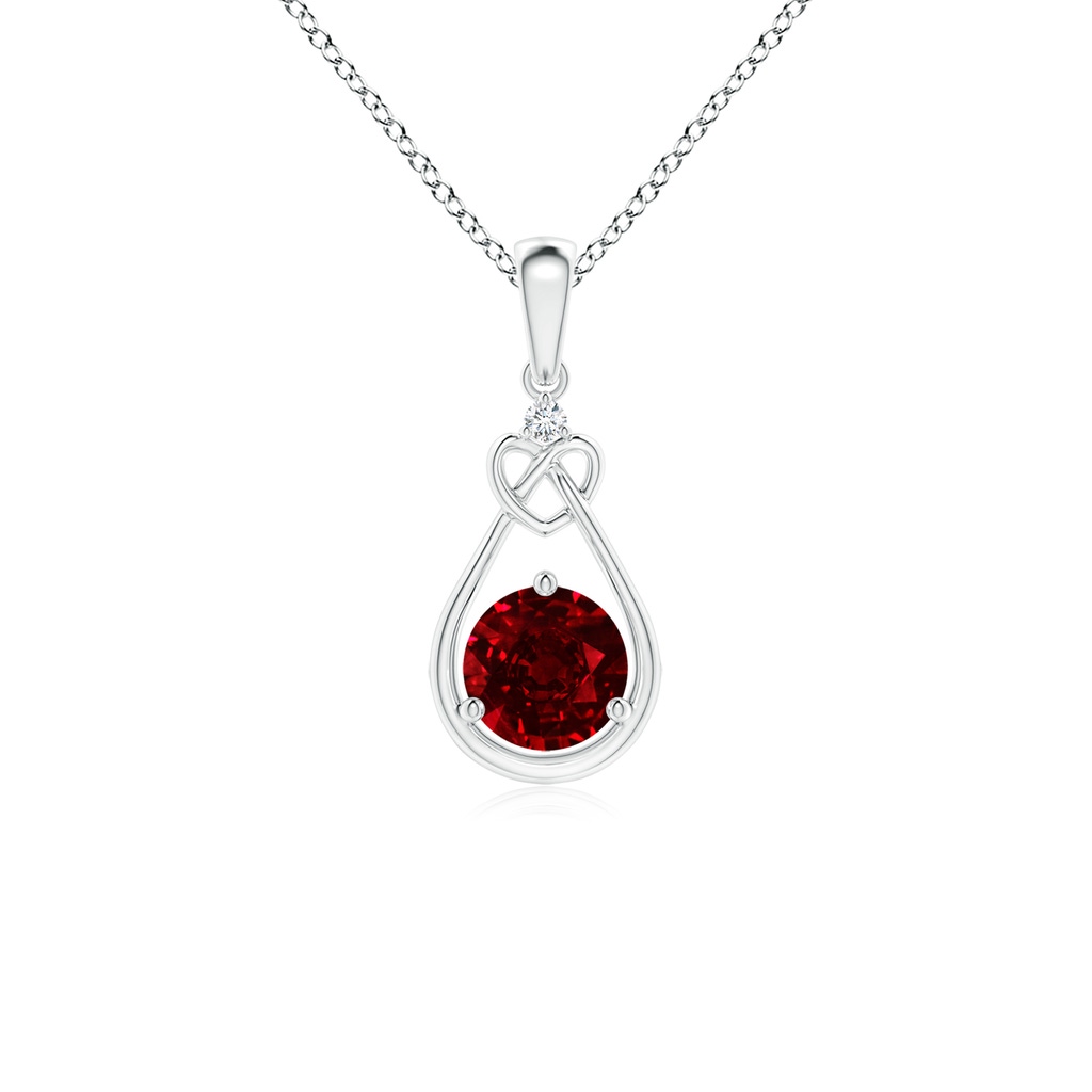 5mm AAAA Ruby Knotted Heart Pendant with Diamond in White Gold