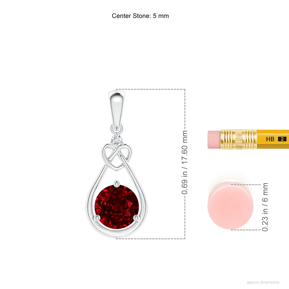 5mm AAAA Ruby Knotted Heart Pendant with Diamond in White Gold ruler