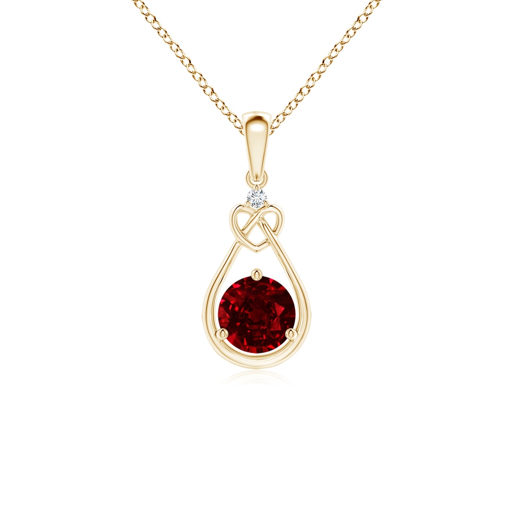 5mm AAAA Ruby Knotted Heart Pendant with Diamond in Yellow Gold