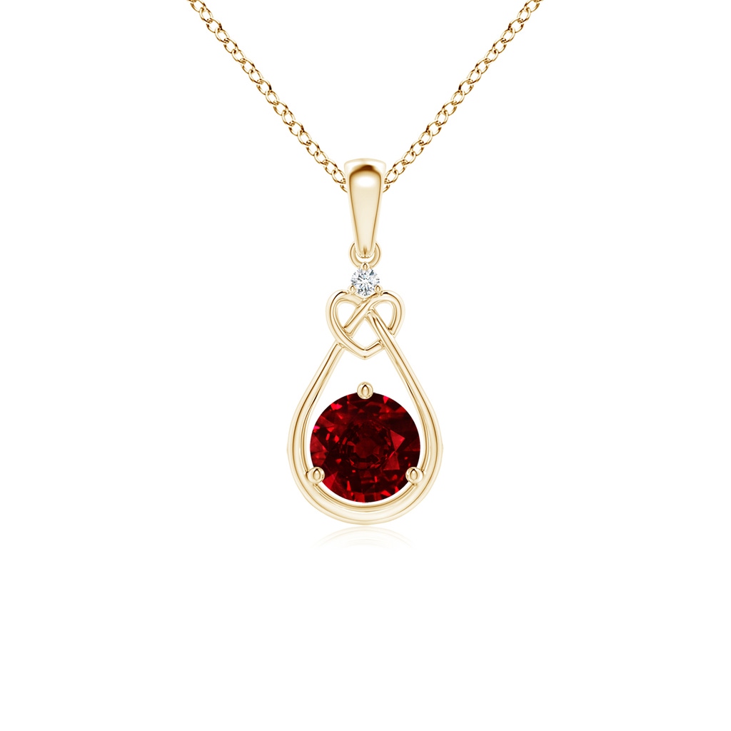 5mm AAAA Ruby Knotted Heart Pendant with Diamond in Yellow Gold