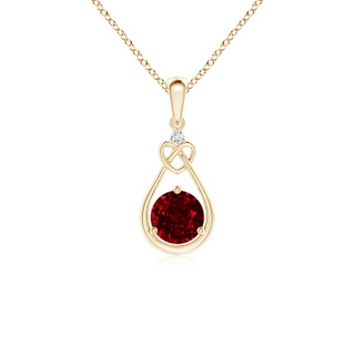 5mm AAAA Ruby Knotted Heart Pendant with Diamond in Yellow Gold