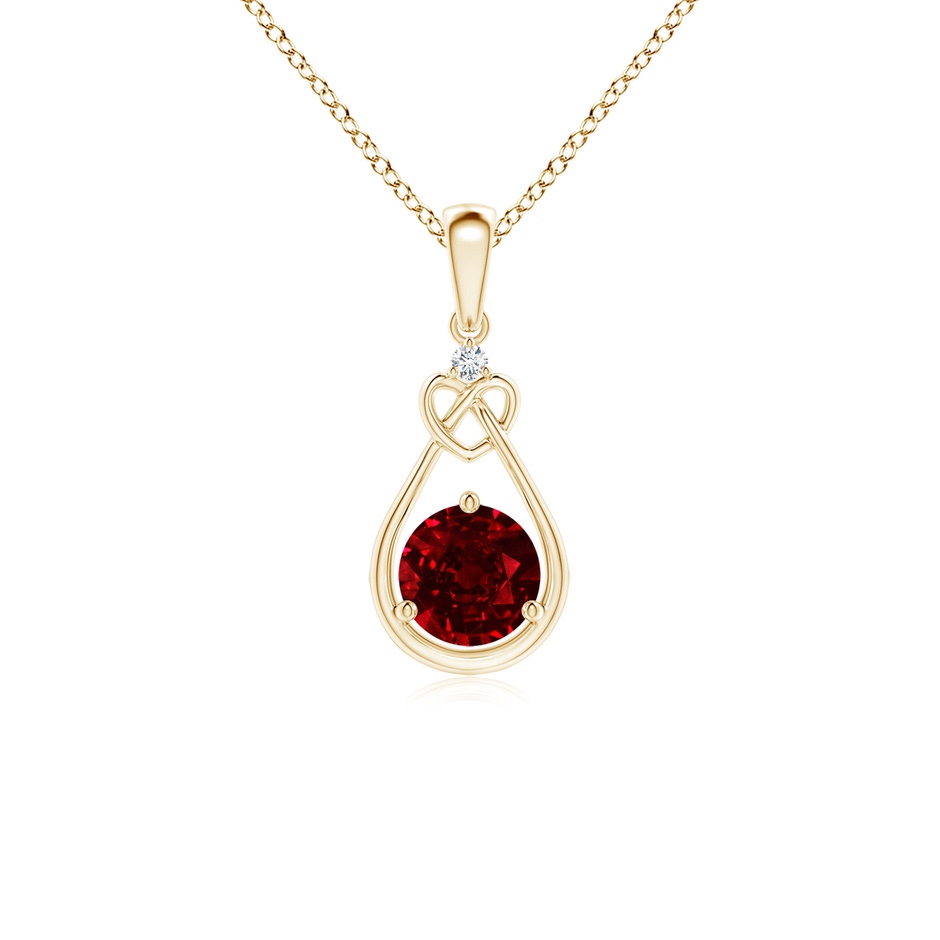 5mm AAAA Ruby Knotted Heart Pendant with Diamond in Yellow Gold 