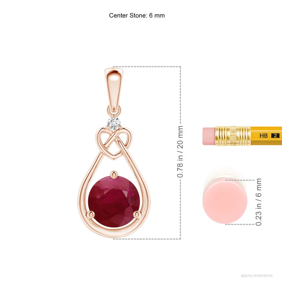 6mm A Ruby Knotted Heart Pendant with Diamond in Rose Gold ruler