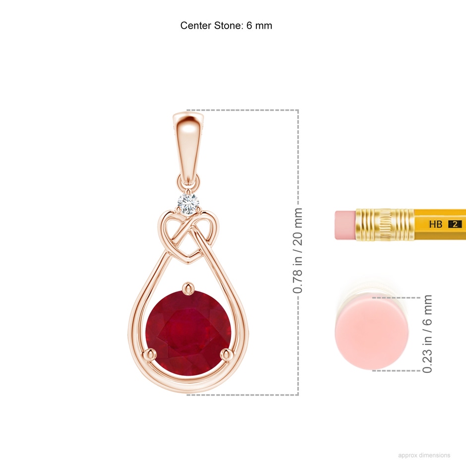 6mm AA Ruby Knotted Heart Pendant with Diamond in Rose Gold ruler