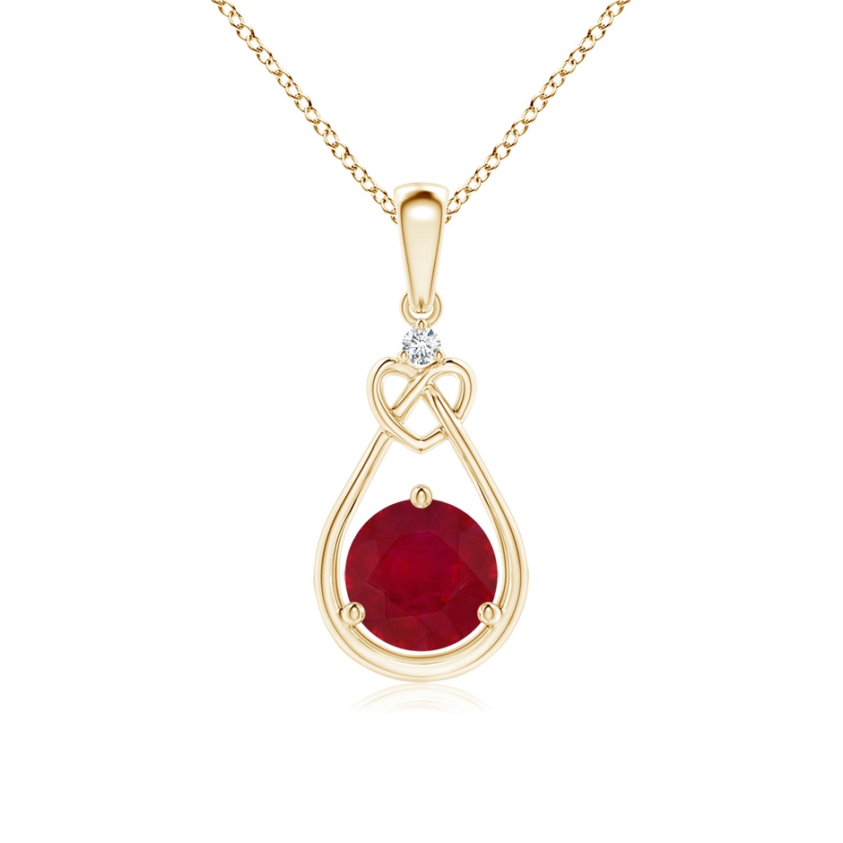6mm AA Ruby Knotted Heart Pendant with Diamond in Yellow Gold 