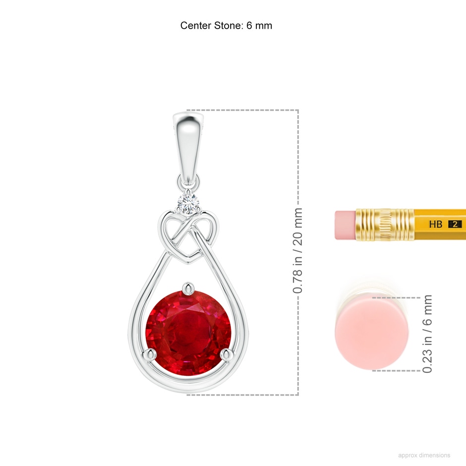 6mm AAA Ruby Knotted Heart Pendant with Diamond in White Gold ruler