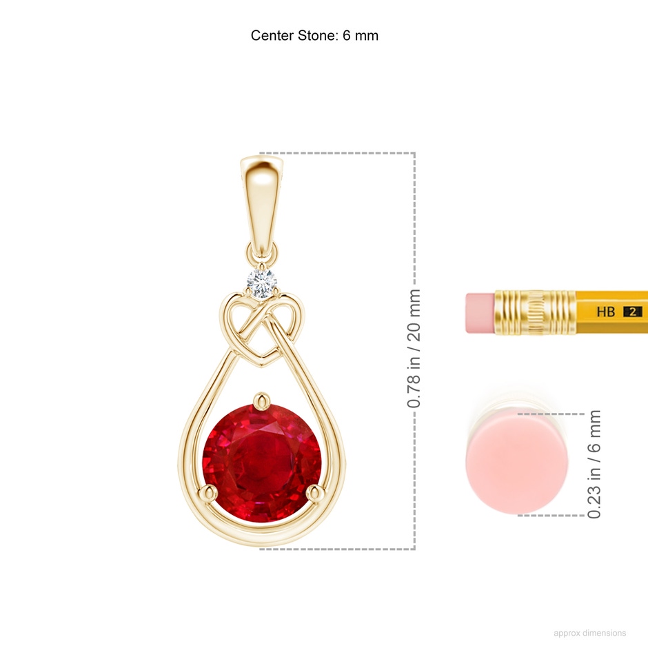 6mm AAA Ruby Knotted Heart Pendant with Diamond in Yellow Gold ruler